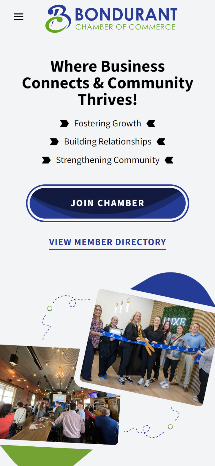 Bondurant Chamber website shown on a mobile screen