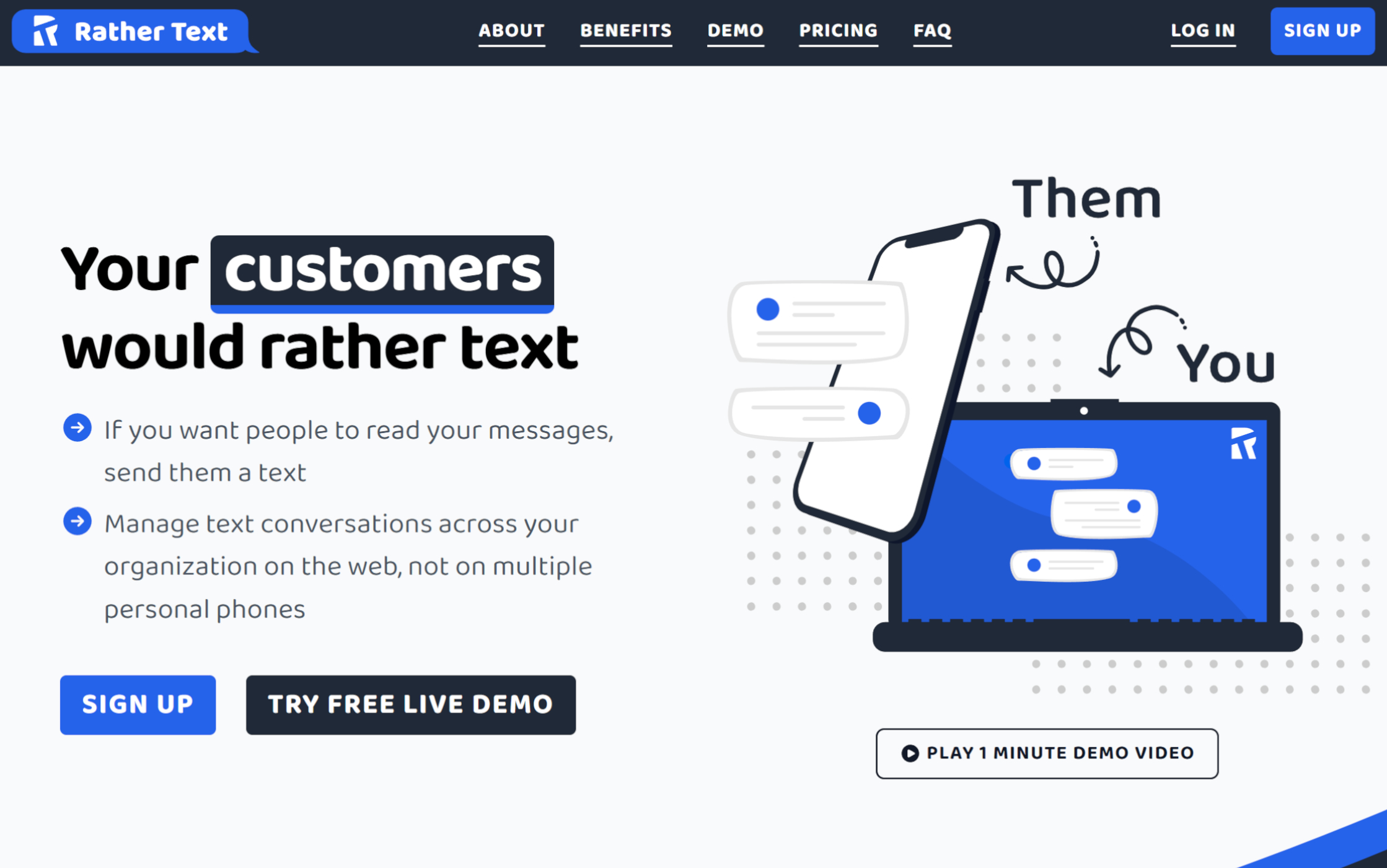 Rather Text website shown on a laptop screen